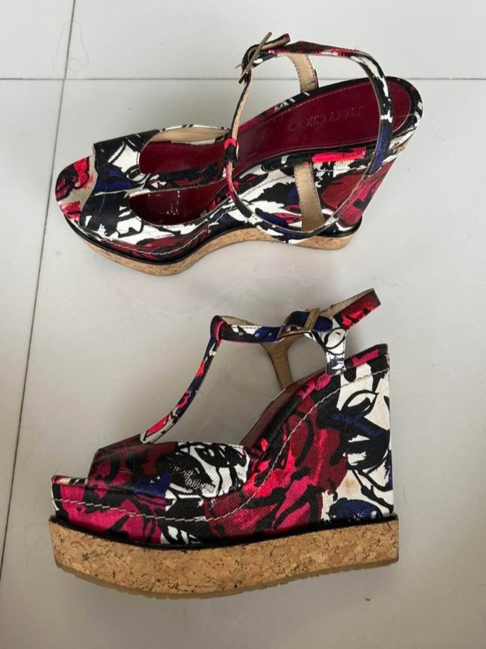 Jimmy Choo London Winter Rose wedge sandals -Pink/Blue/White/black Floral design